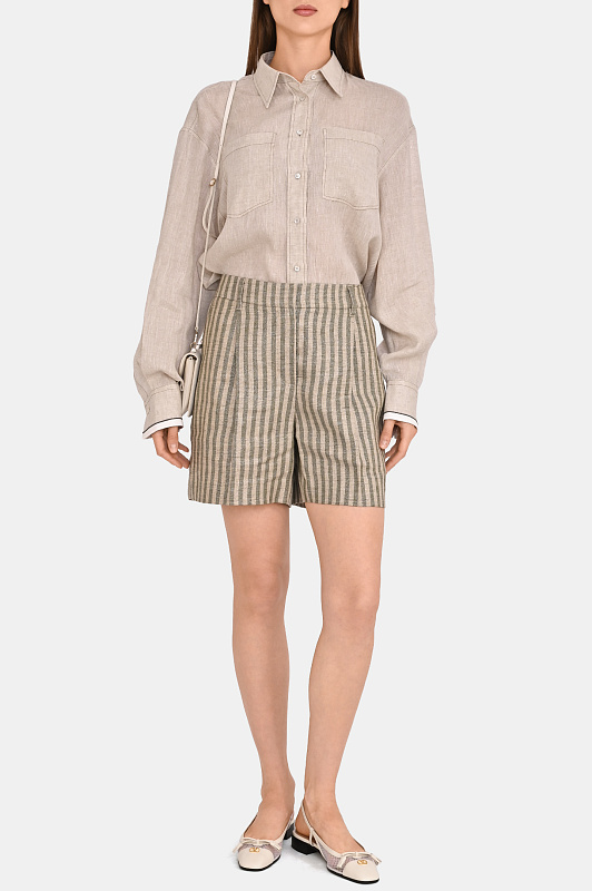 Льняные шорты в полоску BRUNELLO  CUCINELLI Оливковый Женский MH519P8923