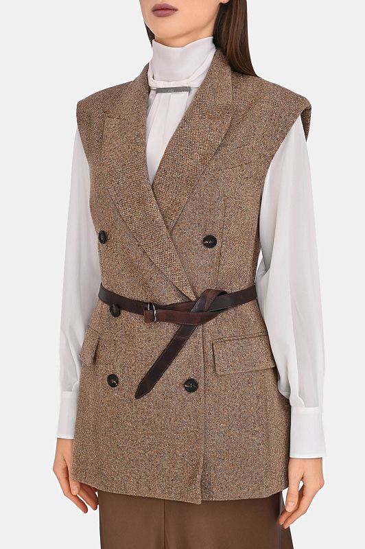 Твидовый жилет с поясом BRUNELLO CUCINELLI Коричневый Женский MD0027123 Твидовый жилет с поясом BRUNELLO CUCINELLI Коричневый Женский MD0027123